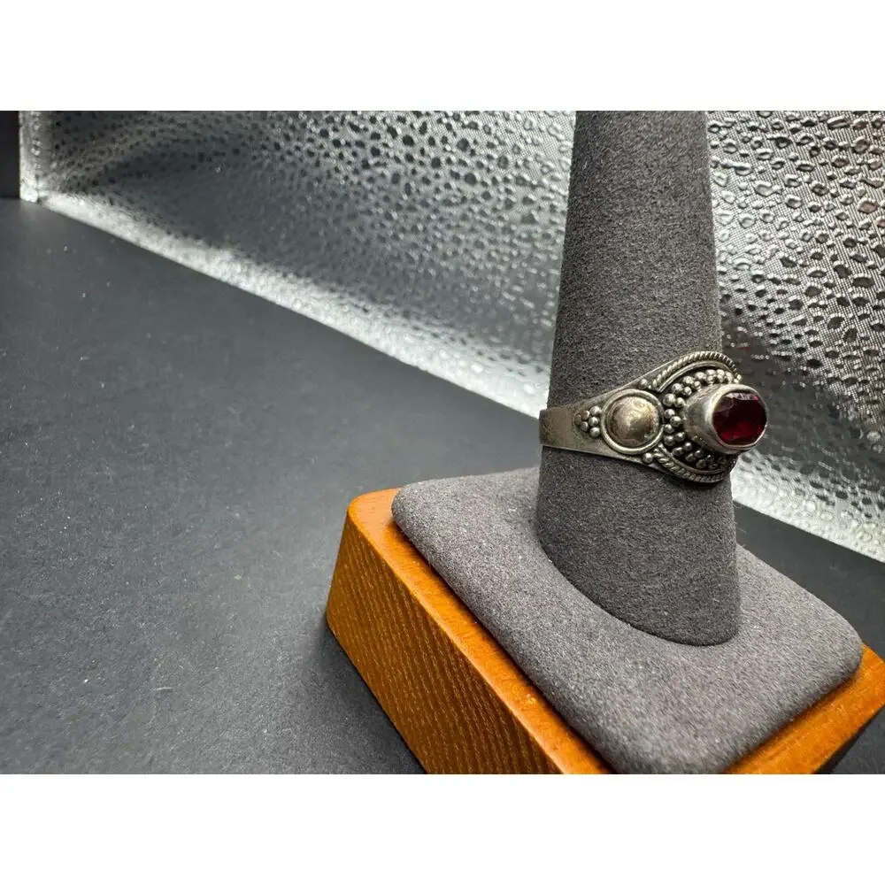 Vintage 925 Sterling Silver Red Garnet Glass Ring Boho Southwest Braided Size 10